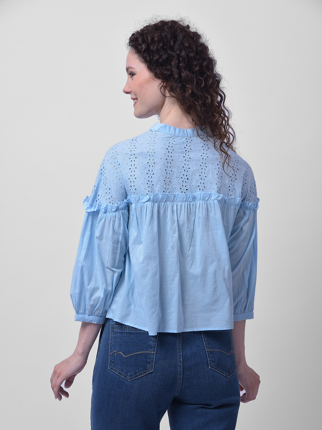 Numero Uno Women Light Blue Eyelet Yoke Cotton Top
